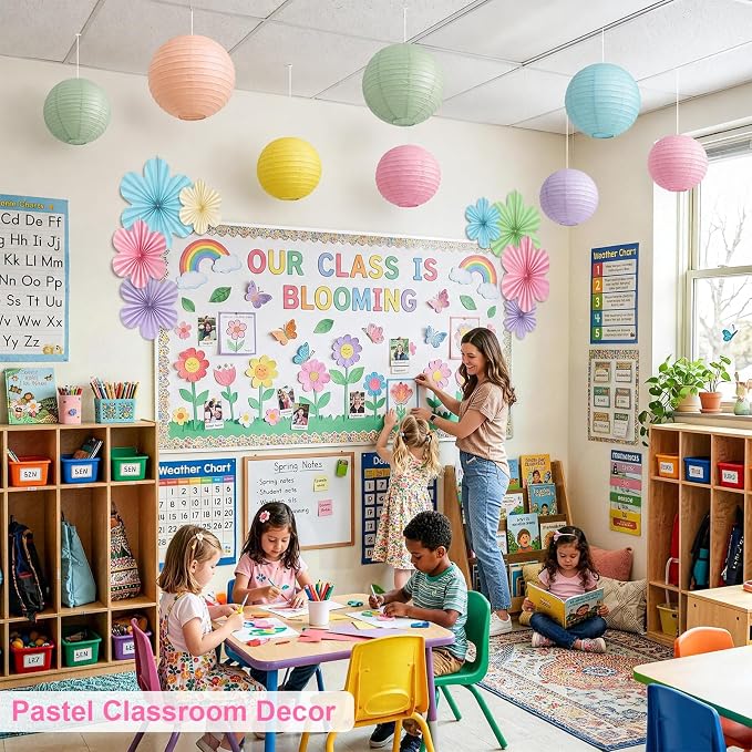 Peywot Pastel Classroom Decor - 18Pcs Flower Fans & Paper Lanterns for Classroom Ceiling Decorations, Birthday, Baby Shower & Pastel Rainbow Party Decor