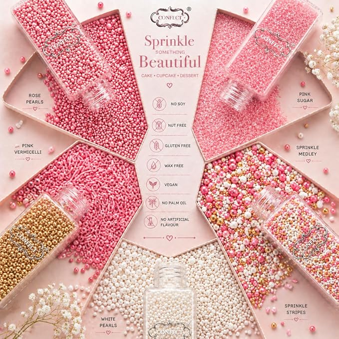 Confect Pretty in Pink Sprinkles Mix – Blush Pink, Silver & White Pearl Dragees, Sky Blue & Pink Jimmies, Sparkling Sugar – Cake Decorating Sprinkles for Cupcakes, Cookies & Party Treats | Vegan, Gluten-Free, Nut-Free, Soy-Free, Dairy-Free, Palm Oil-Fr...