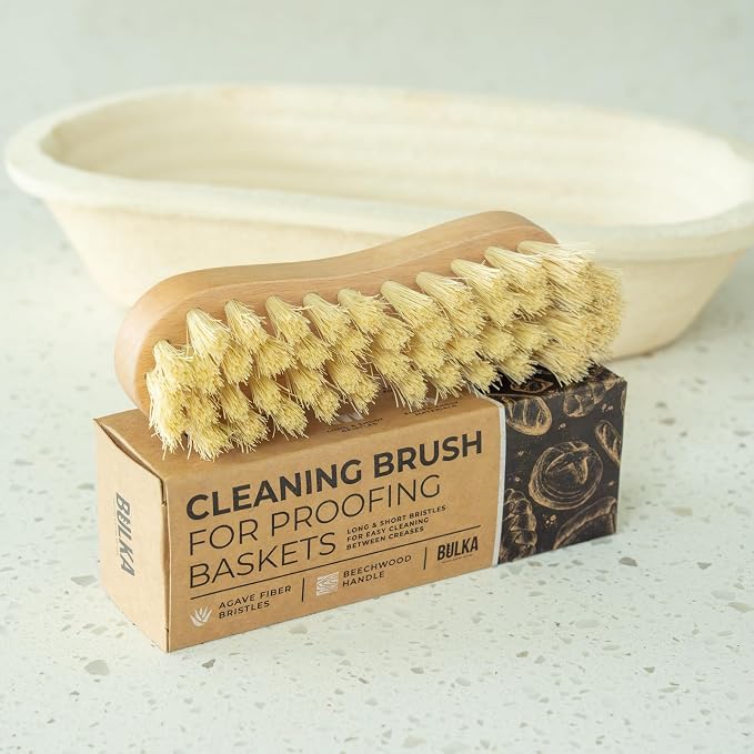 Bulka Banneton Natural Cleaning Brush for Wood Pulp Sourdough Proofing Baskets - Ergomonic Beechwood Handle & Agave Bristles, Medium Firmness Long & Short Bristles for Efficient Cleaning