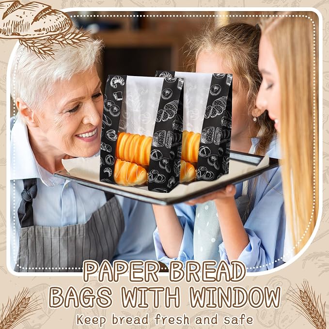 MotiMind 100 Packs Paper Bread Bags for Homemade Bread Sourdough 14 x 8.3 x 3.5 Inches Kraft Paper Bakery Bag with Window Label Seal Sticker for Baked Food Packaging Storage(Black)