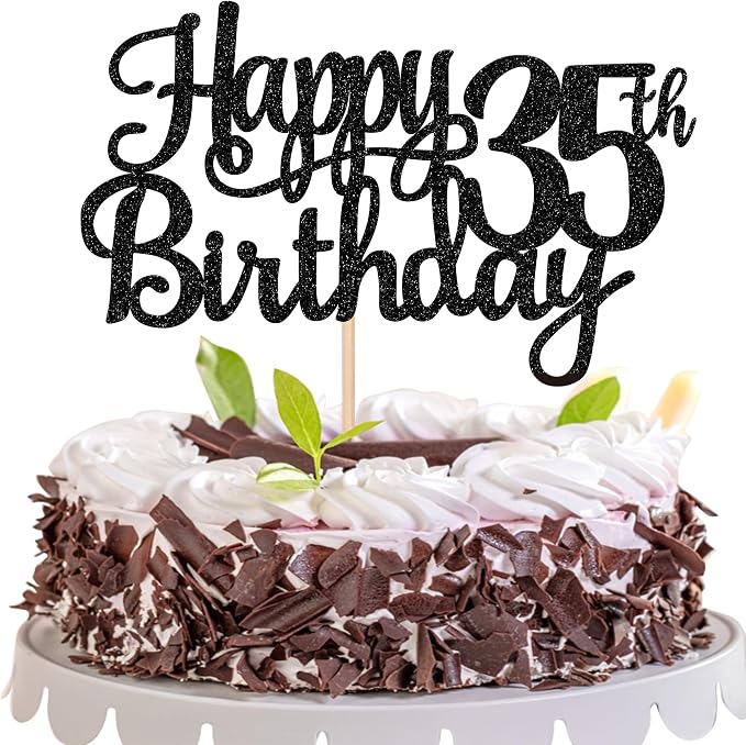 1 PCS Happy 35th Birthday Cake Topper Glitter Cheers to 35 Years Birthday Cake Pick 35 Fabulous Cake Decoration for Happy 35th Birthday Theme Party Decorations Supplies Black