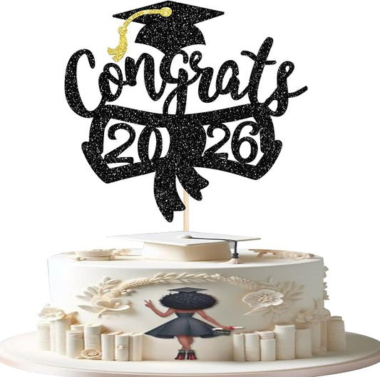 1 Pack Congrats 2026 Cake Topper Glitter Diploma Graduation Cap Cake Pick Contrats Class of 2026 Cake Decorations for 2026 Graduation Theme High School Boys Girls Graduate Party Black
