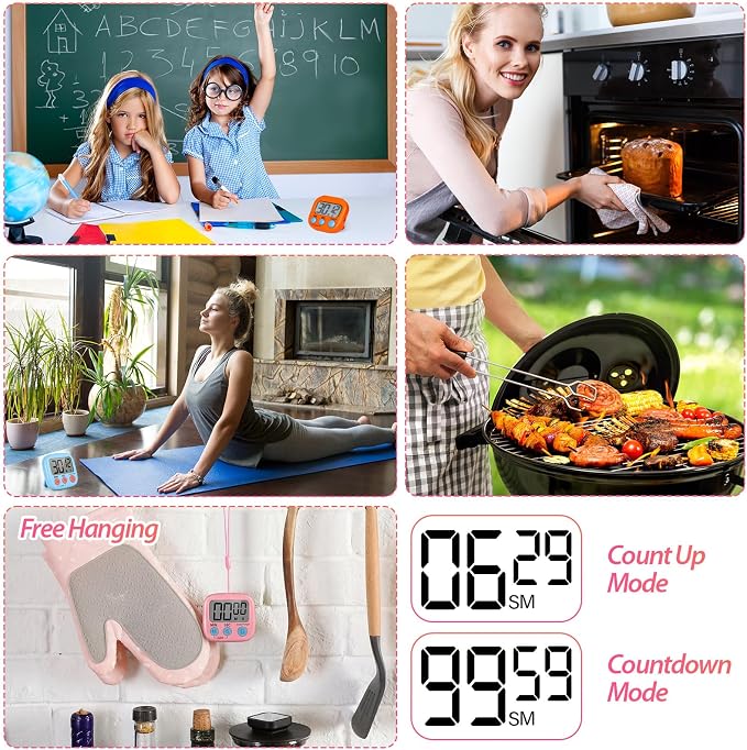 Weewooday 6 Pcs Small Digital Kitchen Timer Magnetic Back and Switch Minute Second Count up Countdown Big LCD Display Loud Alarm for Teacher Cooking Baking (Colorful)