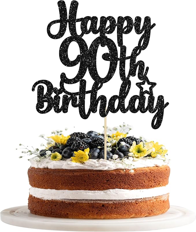 Gyufise 1Pc Happy 90th Birthday Cake Topper Glitter 90 & Fabulous Cheers to 90 Years Old Birthday Cake Pick for Celebrating 90th Birthday Anniversary Party Cake Decorations Supplies Black