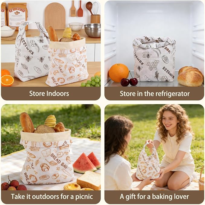 Beeswax Bread Bag for Sourdough, Large Linen Bread Bags for Homemade Bread with Wide Bottom, Washable & Eco-Friendly, Keeps Bread Fresh Longer, 2026 Upgraded Sourdough Storage Bag - 2 Pack
