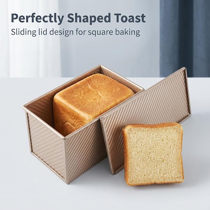 CANDeal Gold Corrugated Pullman Loaf Pan with Lid, Nonstick Commercial Bread Toast Mold for Baking, 2.2LB Durable Carbon Steel Baking Tins Set, Easy Release & Clean, Perfect for Home Bakery & Kitchen