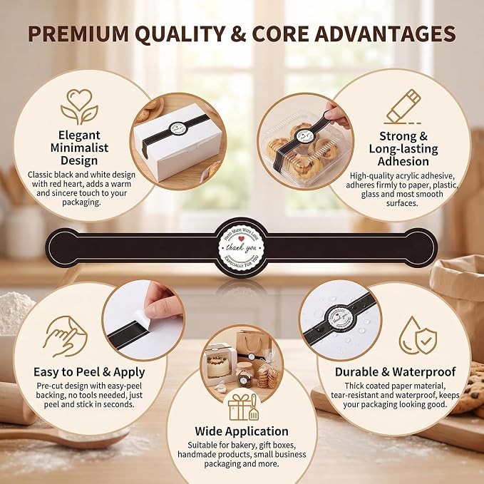 100 Pcs Food Baking Stickers Decorative Bakery Stickers Packaging Self Adhesive Tamper Evident Sealing Labels Decals Tag for Cakes Dessert Cookies Coffee(Black)