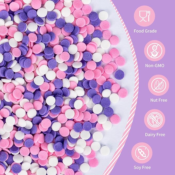 Edible Round Confetti Sprinkles for Cake Decorating,Pink Purple White Round Confetti Sprinkle,Pastel Sugar Sprinkle Circular Candy for Cake Baking,Cupcake Cookie Donut Desserts Decorations,Gender Reveal Baby Shower Birthday Party Supplies