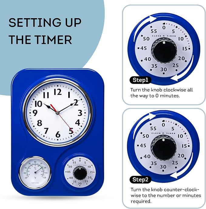 Lily's Home - 9 Inch x 12.5 Inch- Retro Kitchen Wall Clock, Vintage Wall Clock with a Thermometer and 60-Minute Timer, Ideal for Any Kitchen, Office, or Diner (Dark Blue)