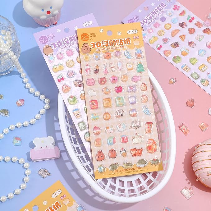 Girl's 3D Cute Japanese Puff Sticker, 100+ Kawaii Dessert and Animal Mini Puffy Stickers, for DIY Scrapbooks Planner Journals Laptops Phone Case Decoration Gifts Rewards, Cream Cheese