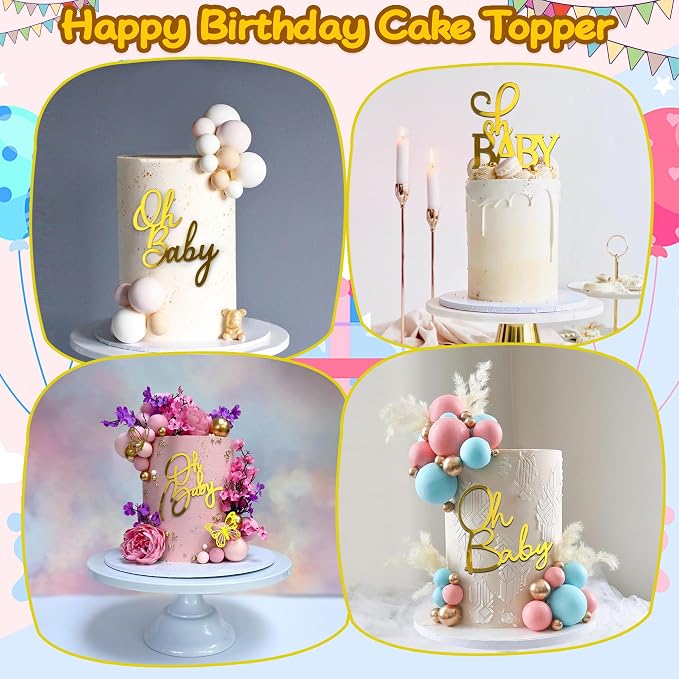 10 PCS Gold Cake Topper Mirror Acrylic Cake Topper Side Cake Decorations Gold Cake Inserts Cake Decorating Supplies Cupcake Toppers for Gender Reveal Baby Birthday Party Decorations