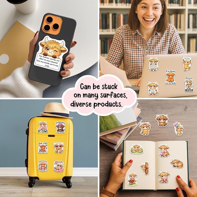 Highland Cow Stickers 50PCS – Waterproof Vinyl Cartoon Animal Decals for Water Bottles, Laptops, Journaling – Non-Repeating Decals, High-Definition Print Gift