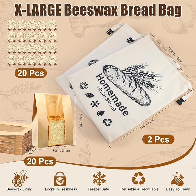 2 Pack Beeswax Bread Bags for Sourdough, XL Reusable Organic Linen Beeswax Bread Bag for Homemade Sourdough Food Storage Cloth Bag with 20 Paper Bread Bags, Freezer-Friendly Freshness Preservation