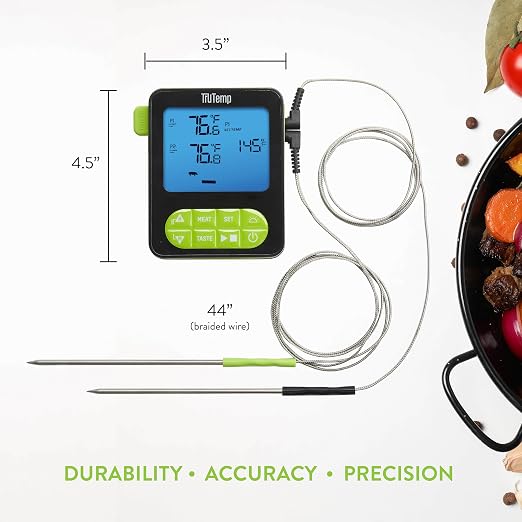 Taylor TruTemp Dual Probe Wired Programmable Meat and Food Thermometer, Digital for Cooking, Monitor Two Dishes with Two Probes for Baking, Grilling, and Roasting, User-Friendly, Backlit, Green