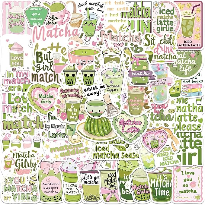 Cute Love Matcha Aesthetic Stickers for Girls, 50PCS Funny Pink Green Vinyl Waterproof Sticker for Water Bottle Scrapbook Laptop Journal Decals, Matcha-Beverage Decoration, Party Favors