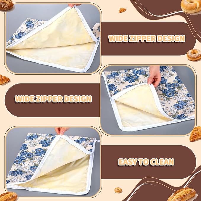 Hahafelt 2 Pack Beeswax Bread Bags for Homemade Sourdough Bread 17" x 13" Wide Zipper Access Organic Beeswax Linen Cotton Food Storage Bag with Sealing Zip to Keep Fresh (Flower)