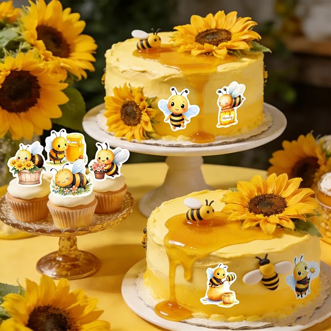72 PCS Edible Bumble Bee Cupcake Toppers Wafer Paper Oh Babee Cake Decorations for Bee Theme Baby Shower Kids Boys Girls Birthday Cake Party Decoration