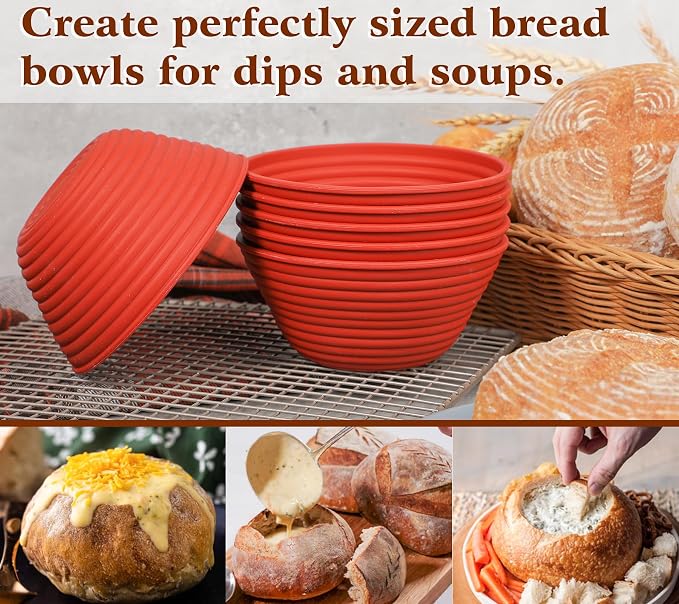 Webake 5 Inch Silicone Mini Banneton Bread Proofing Basket, 6Pcs Round Small Banneton Basket for Sourdough Bread Soup Bowls