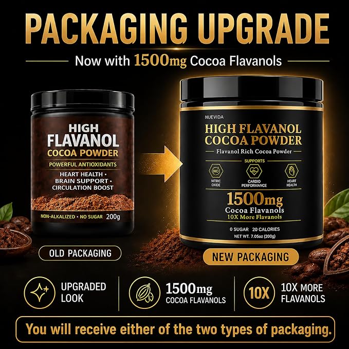 High Flavanol Cocoa Powder, 1500 mg Flavanols & 10X Concentrated Cocoa Extract with 600mg Epicatechin, Supports Heart Health, Nitric Oxide & Energy – Used To Relieve Afternoon Fatigue