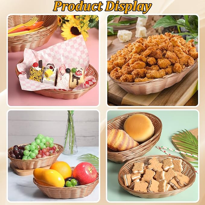 12 Pack Plastic Oval Woven Baskets,10"L x 6"W x 3"H Inch Small Bread and Fruit Baskets for Food Storage,Serving,Gift Packaging, Kitchen,and Restaurant Display or Storage basket etc.