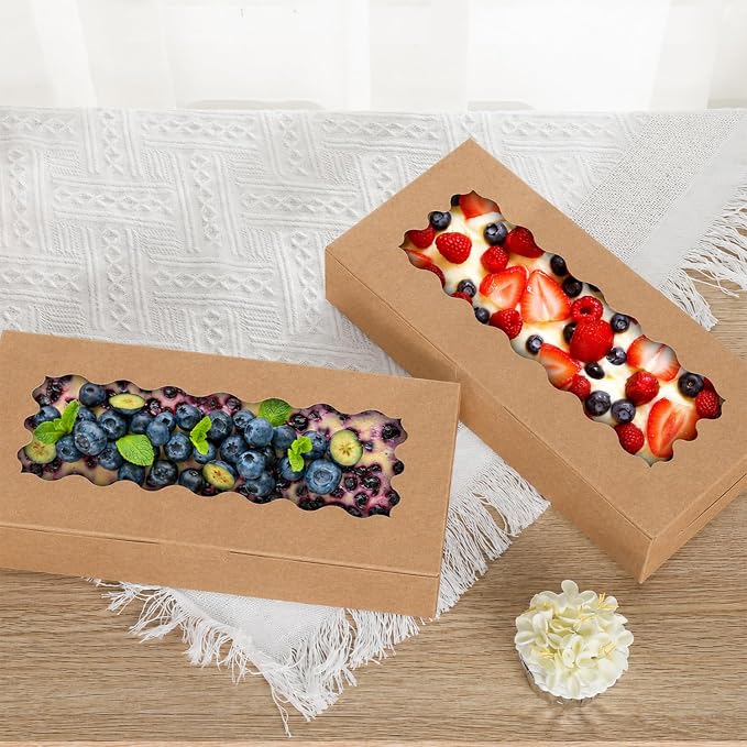 50 pcs Brown Cookie Box,12x5.5x2.5 Inch Bakery Boxes with Window Pies Chocolate Strawberries Muffins Biscuit Pastry Dessert Box For Packaging