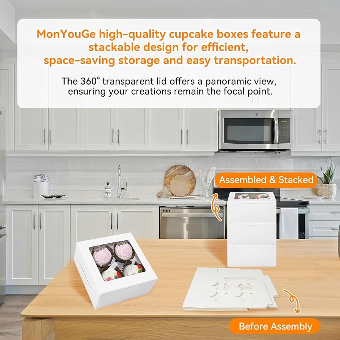 30-Set Cupcake Boxes Bulk with Clear Display Window Hold 4 Standard Cupcakes, Disposable Food Grade White Cupcake Carrier Cupcake Container, Perfect for Cupcakes Muffins Cookies Pastries