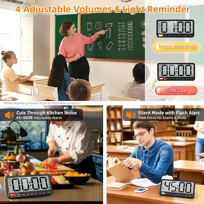 VOCOO Digital Kitchen Timer: 7.6'' Extra Large LCD Display, 99H Countdown, Magnetic, 4 Volume Levels, Visual Light Alert, Battery Operated Count-Up Stopwatch for Cooking, Home Gym, Classroom (Black)