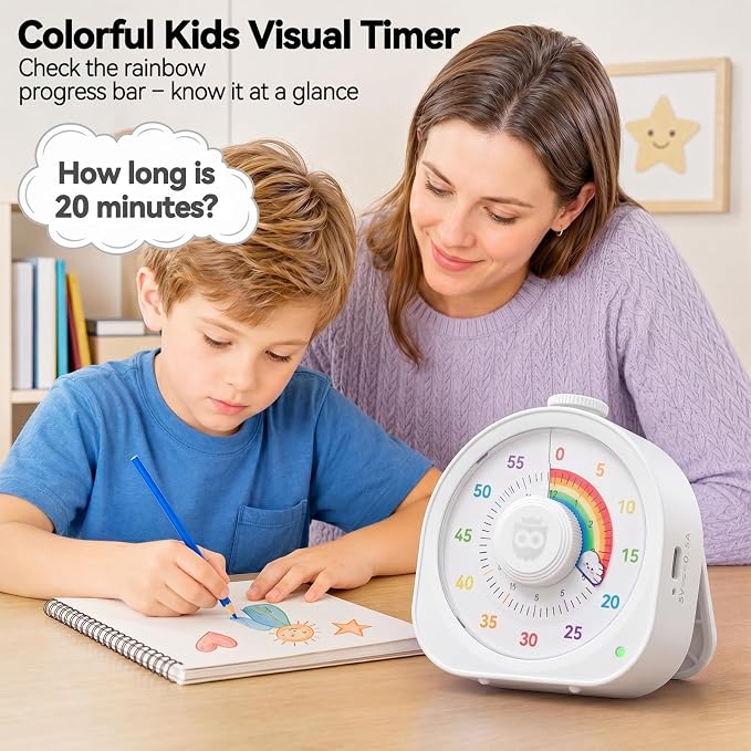 Visual Timer for Kids 60Min/12H Dual Countdown Timers with Magnetic Sticker | Rechargeable Timer with Pomodoro Mode, ADHD Time Management Tool for Classroom Kitchen Office, Silent Operation