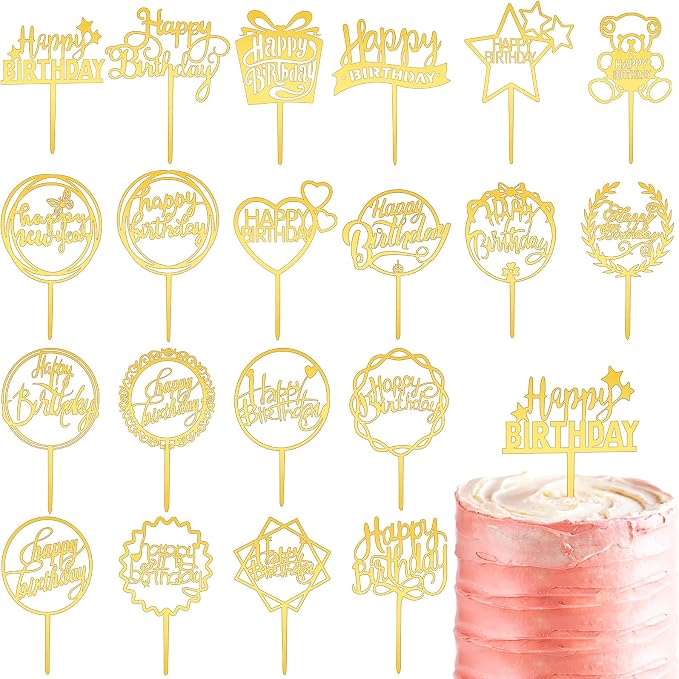 Macarrie 40 Pcs Gold Happy Birthday Cake Topper Acrylic Glittering Cupcake Topper Decorations for Birthday Event Party Supplies, 20 Different Shapes
