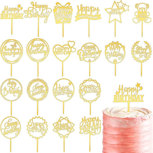 Macarrie 40 Pcs Gold Happy Birthday Cake Topper Acrylic Glittering Cupcake Topper Decorations for Birthday Event Party Supplies, 20 Different Shapes