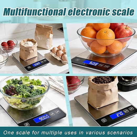Food Kitchen Scale 15kg/33lb, Digital Grams and Ounces Scale for Weight, Baking, Cooking Platform with Type-C Rechargeable & Backup Battery Mode, 304 Stainless Steel