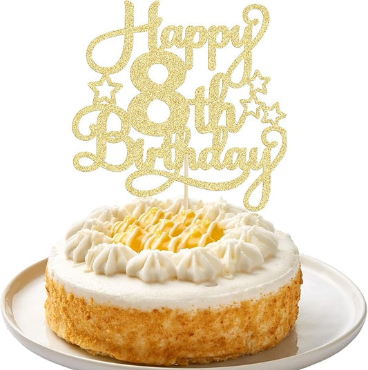 1 Pack Happy 8th Birthday Cake Topper Gold Glitter 8th Birthday Cheers to 8 Years Old Cake Pick for Celebrating Anniversary Party Cake Decorations Supplies