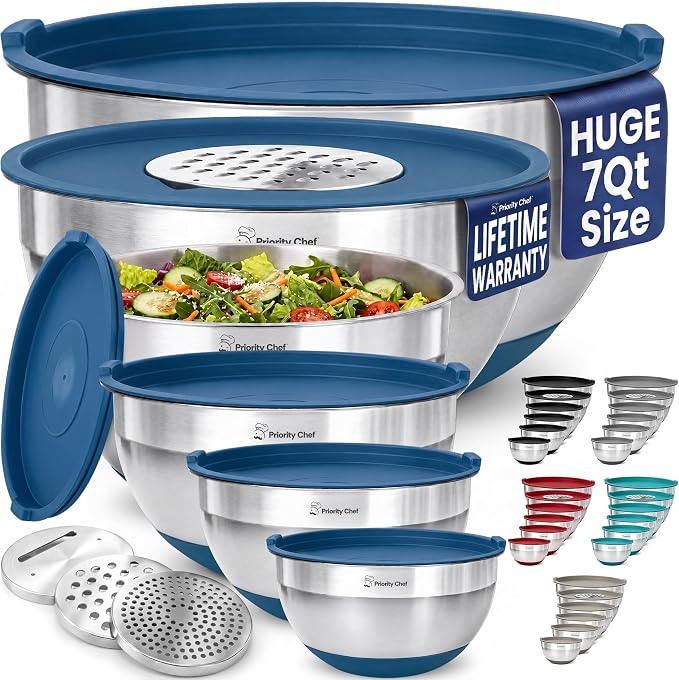 Priority Chef 6Pc Large Mixing Bowls With Lids Set with Non-Slip Bases, Stainless Steel Mixing Bowl Set, 6 Airtight Lids and 3 Graters, Blue | 6pc Non-slip nesting bowls 1-7 qt, 3 graters & interior measurement marks; for meal prep, baking & airtight f...