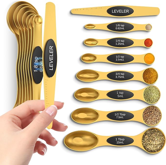 Magnetic Measuring Spoons Set with Strong N45 Magnets, Heavy Duty Stainless Steel Metal, Fits in Most Kitchen Spice Jars for Baking & Cooking, BPA Free, Multicolor, Set of 8 with Leveler(Gold)