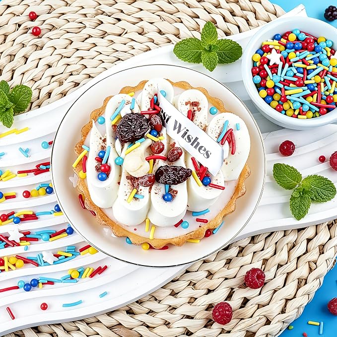 Red Blue and Yellow Sprinkles for Cake Decorating, Edible Pearls, Jimmies and Stars Mixed, Perfect for Cake Decorations, Baking, Ice Cream, Cookies, Cupcake Toppings