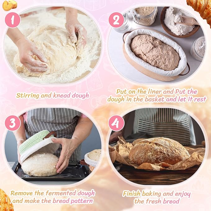 4 Pack Oval Banneton Bread Proofing Basket Set, 10'' Natural Cotton Rope Sourdough Proofing Basket with Liners & Handle Artisan Sourdough Bread Baking Supplies for Home Bakers(Pastel)