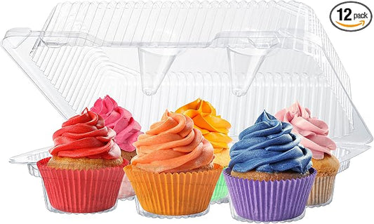 Plastic Cupcake Containers Boxes | 6 Compartment – 12 Pack | Disposable High Dome Dozen Cupcake Holder With Lid Bulk | Extra Sturdy Stackable Cupcake Boxes | Durable Muffin Packaging Transporter To Go