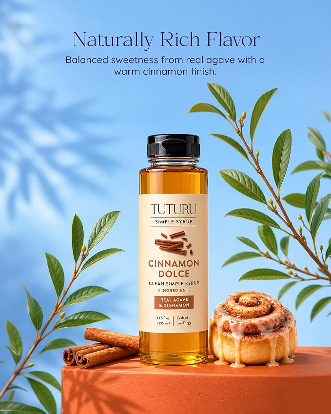 Cinnamon Dolce Simple Syrup for Coffee, Cocktails, Tea, Matcha - Sweetened with Agave Nectar - Clean Simple Syrup with Real Cinnamon, Molasses and Vanilla - 13.5 oz