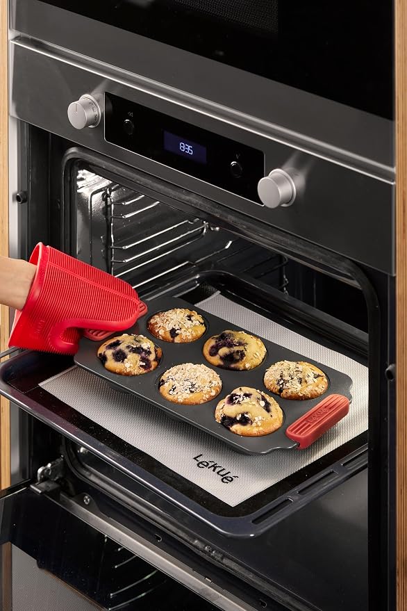Lékué Non-Stick 6 Hole Muffin Mold - Carbon Steel Oven Baking Pan with Platinum Silicone Handles, Even Heat, Dual Non-Stick Ceramic Coating, Scratch Resistant, PFOA & PFA-Free, 12.2 x 7.1 x 1.5"