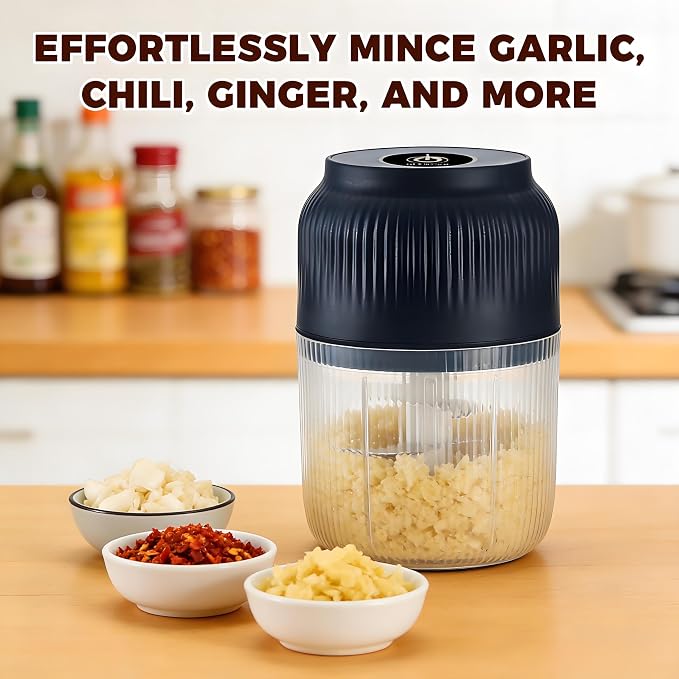 Cordless Multifunctional Electric Garlic Chopper,350ml Mini Food Processor with 6 Blades,USB Rechargeable 1-Touch Food Grinder for Garlic, Onion, Ginger, Chili (Blue,6 Blades)