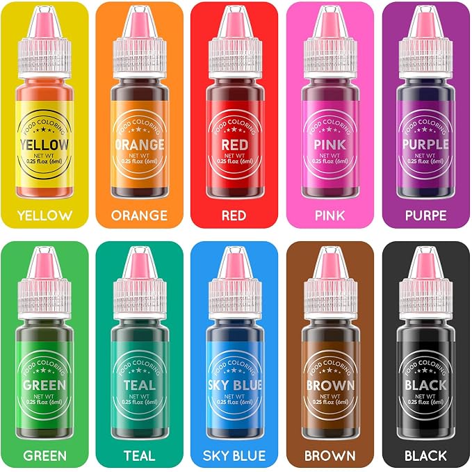 Food Coloring Liquid 10 Colors for Baking,Cherrysea Food Grade Cake Food Coloring Set for Halloween,Fondant,Cookies,Icing,Easter Egg Dessert Decorating Making DIY Supplies Kit- 0.25 Fl. oz (6