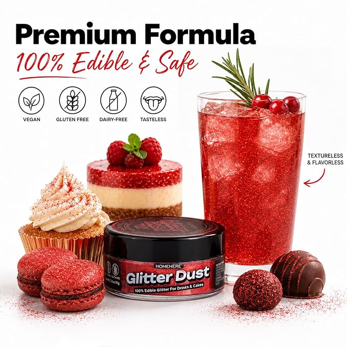 HomeHere Edible Glitter for Drinks & Cakes, 10g Food Grade Disco Diamond Glimmer Dust, Sparkle Powder for Cocktails, Chocolate, Baking Decorations, Vegan& Tasteless (Burgundy)
