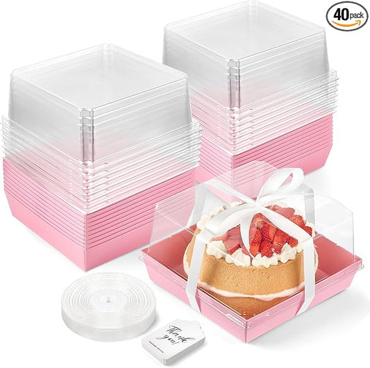 ZORRITA Paper Cake Boxes with Clear Lids, 7" x 7" x 4", 40 Pack, Pink | Disposable, Square Food Containers, For 4-6 Inch Cake, Dessert, Pie, Cupcake, Bakery, Charcuterie