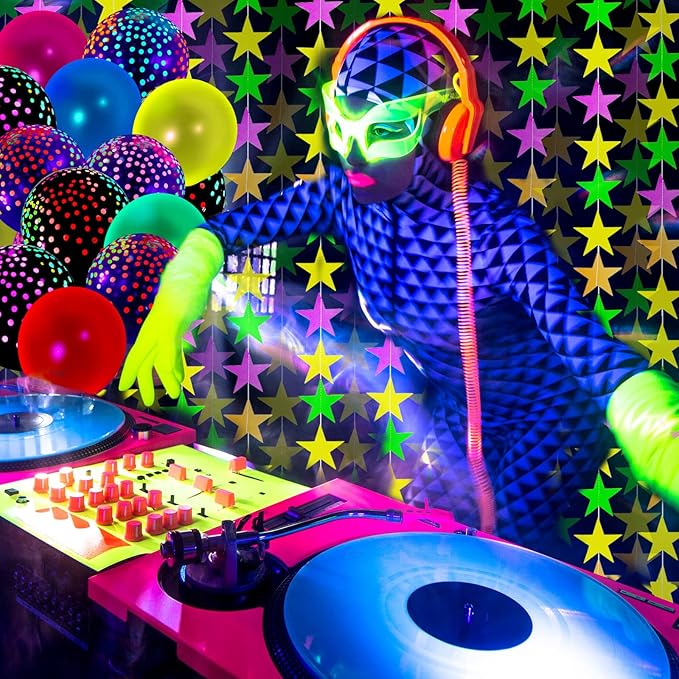 Skylety 32 Pcs Glow in The Dark Party Supplies Neon Party Favors with 25 Fluorescent Balloon 6 Rolls 98.4 ft UV Blacklight Luminous Tape 14.4 ft Neon Streamer Garland for Adults(Glitter Star)