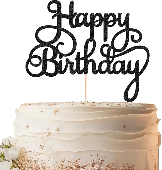 Happy Birthday Cake Topper - Black Glitter Birthday Party Cake Decoration Supplies, Photo Booth Props