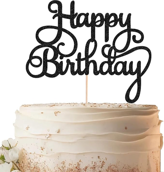 Happy Birthday Cake Topper - Black Glitter Birthday Party Cake Decoration Supplies, Photo Booth Props