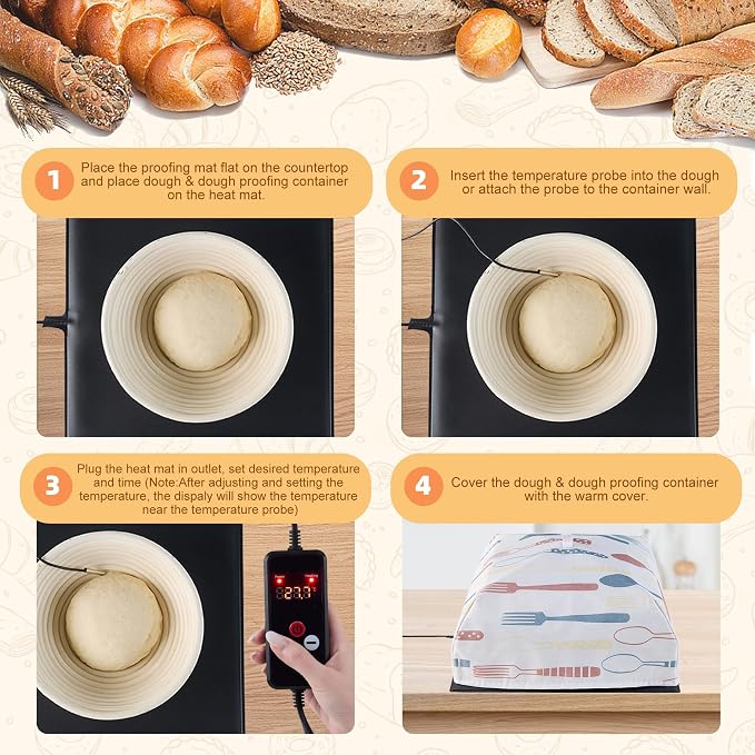 Bread Proofing Mat with Warm Cover, Sourdough Hearting Mat, Sourdough Warming Mats with Thermostat Temperature Control, 13.9" x 13.9" Bread Proofer Dough Warmer for Home Kitchen Baking