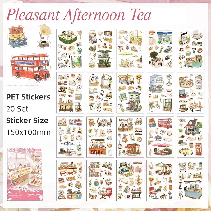 Afternoon Tea Series Sticker Scrapbooking Supplies for Junk Journal, 20 Sheets PET Stickers