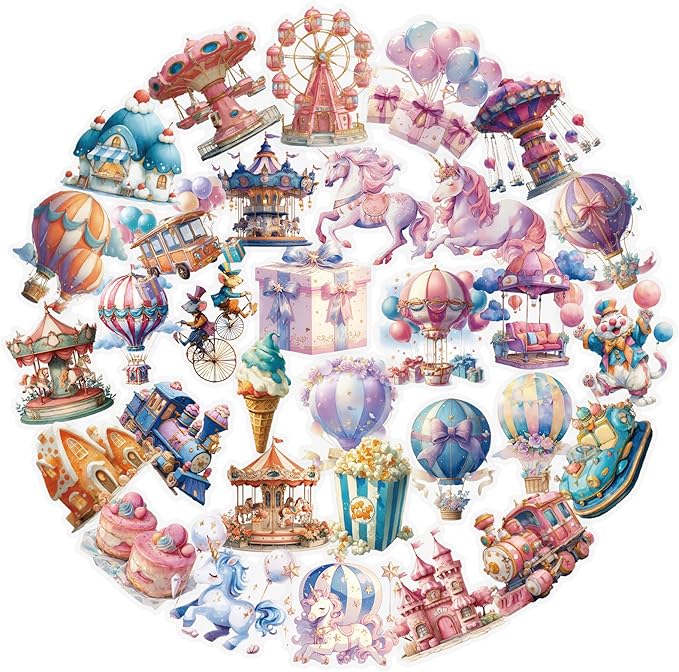 50 pcs Watercolor Carnival Fairytale Amusement Park Clear PET Stickers, Hot Air Balloon Carousel Unicorn Castle Transparent Die-Cut Decals for Journal Scrapbook Planner Kids Party DIY Craft Decor