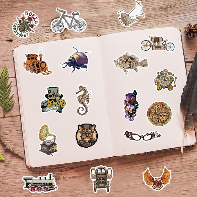 75 Pcs Steampunk Stickers for Scrapbooking, Waterproof Vinyl Vintage Gear Clockwork Industrial Stickers for Laptops Water Bottles Journals, Decorative Decals for Teens Students Adults